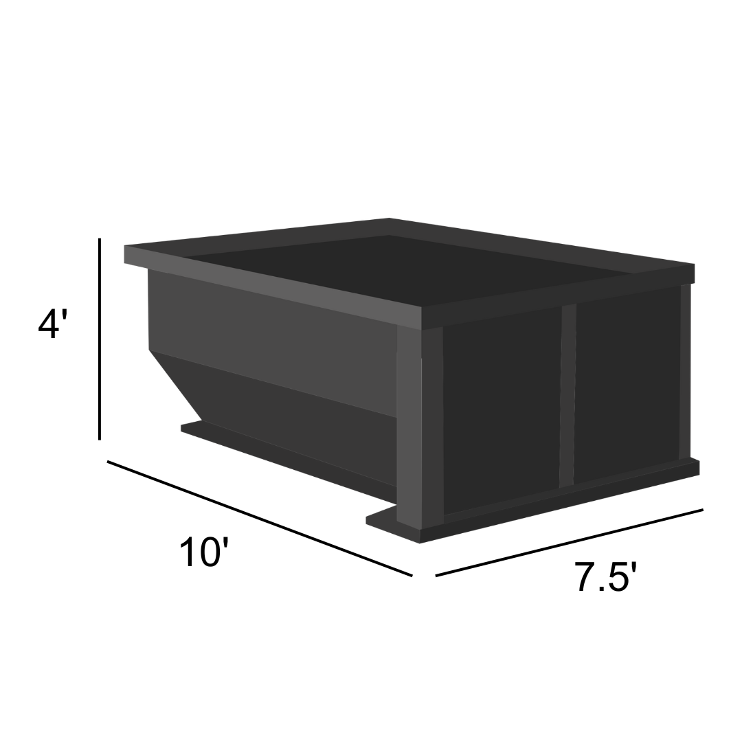 10 yard roll off dumpster, 10 feet long by 7.5 feet wide by 4 feet tall