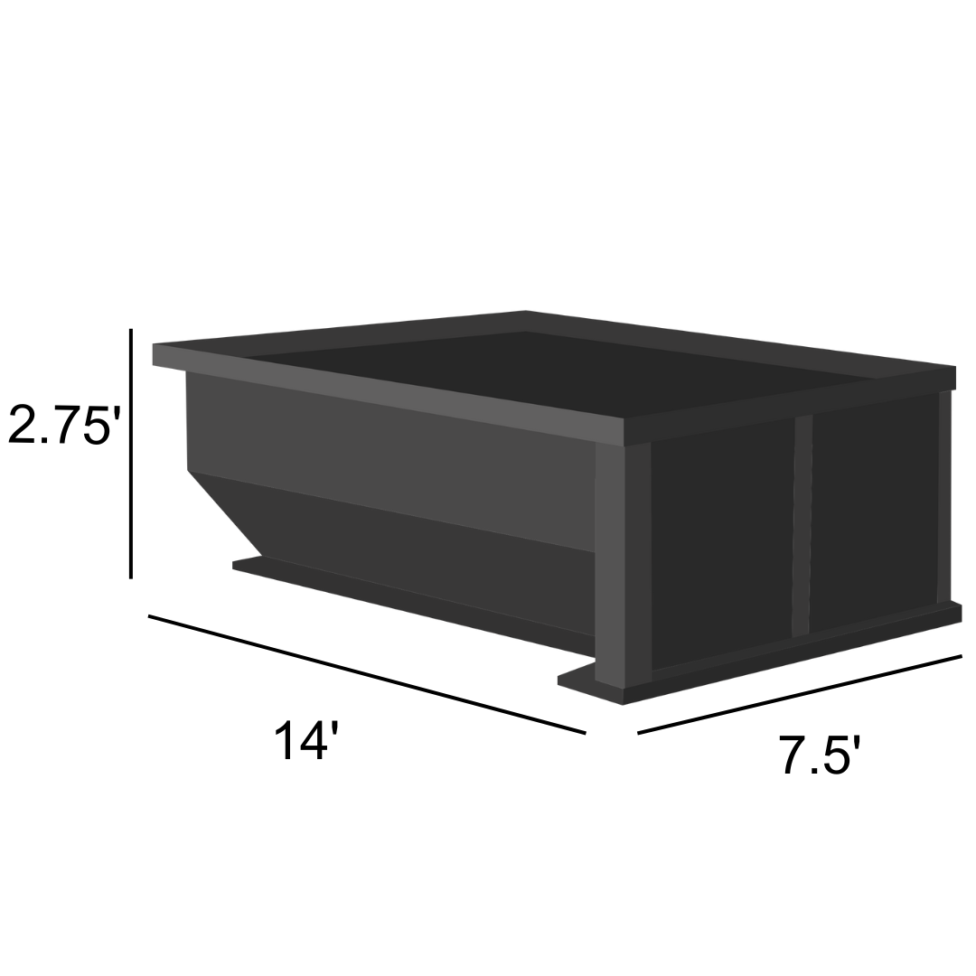 14 yard heavy duty roll off dumpster, 14 feet long by 7.5 feet wide by 2.75 feet tall
