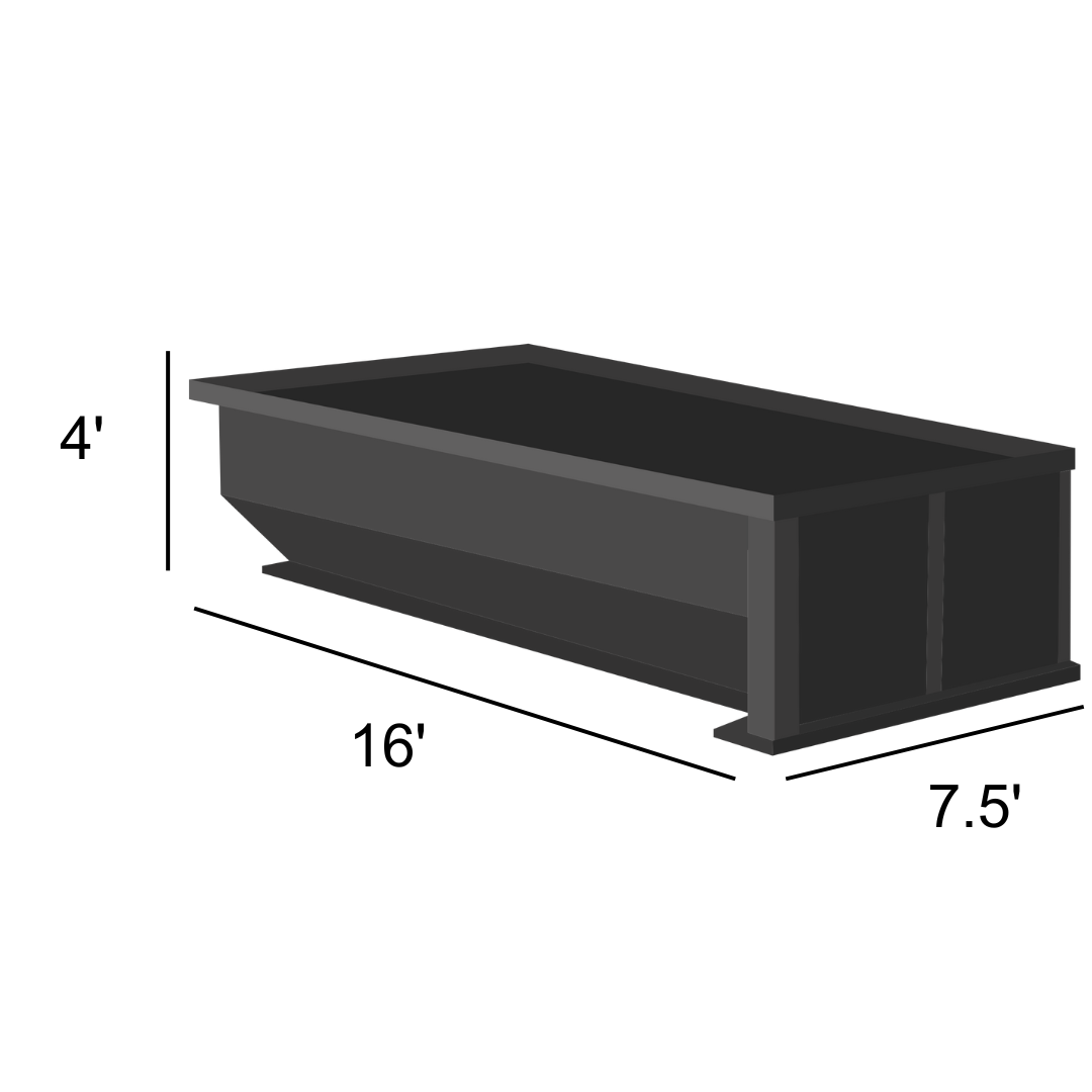 16 yard roll off dumpster, 16 feet long by 7.5 feet wide by 4 feet tall
