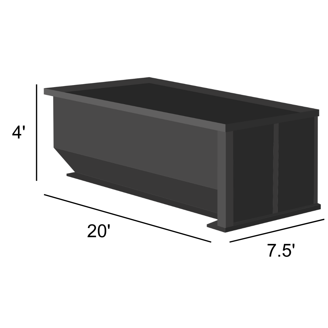 20 yard roll off dumpster, 20 feet long by 7.5 feet wide by 4 feet tall